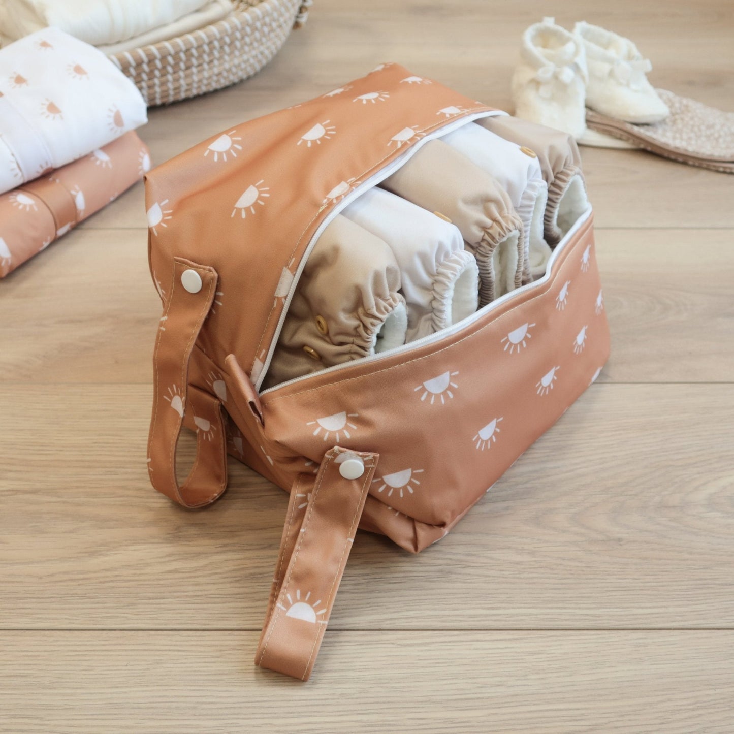 Sunnies Camel with White Cloth Nappy Pod Modern Cloth Nappies