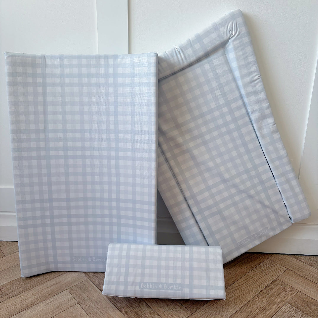 Anti-Roll Wedge Changing Mat - Baby Blue Gingham Bobbin and Bumble