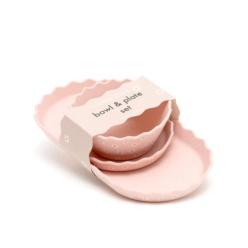 Pink Daisy Wavy Edge Silicone Bowl and Plate Set Chino Club UK