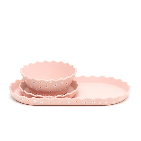 Pink Daisy Wavy Edge Silicone Bowl and Plate Set Chino Club UK