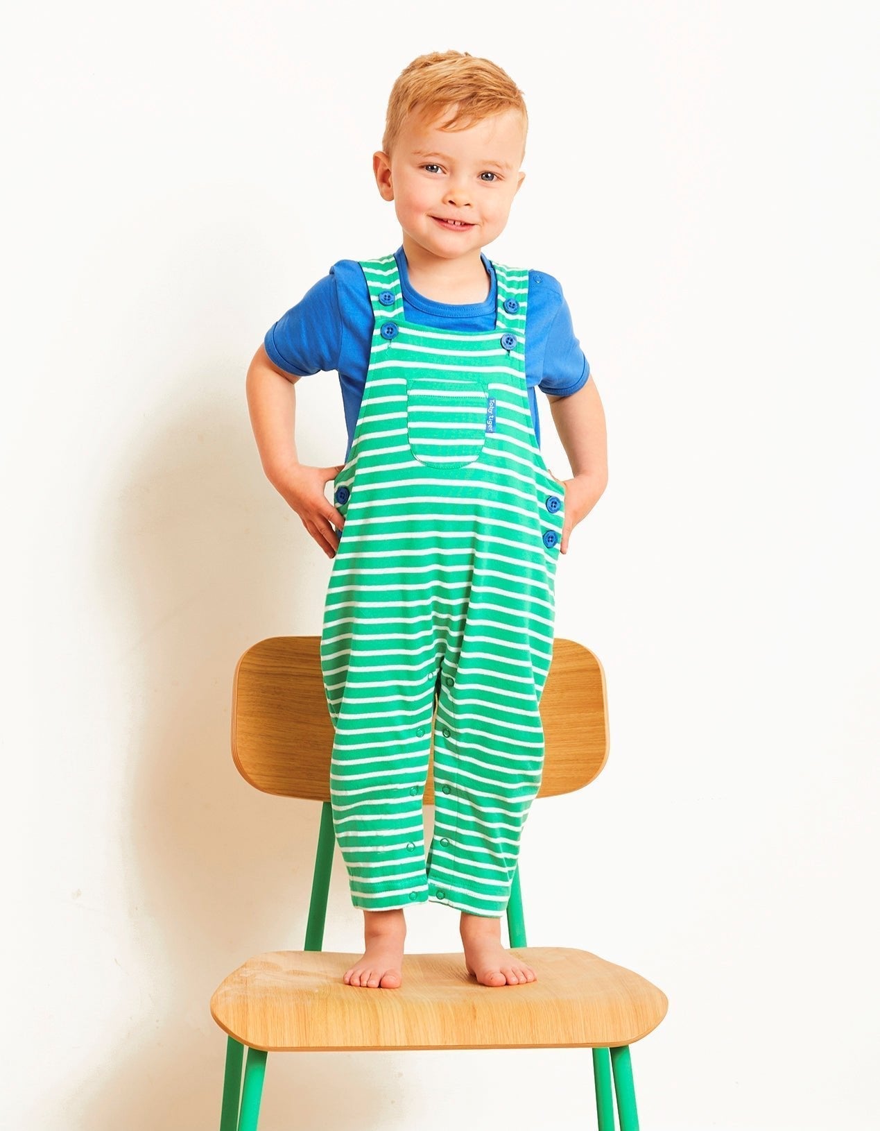 Organic Green Breton Stripe Dungarees Toby Tiger