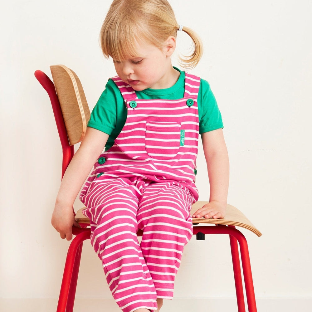 Organic Pink Breton Stripe Dungarees Toby Tiger
