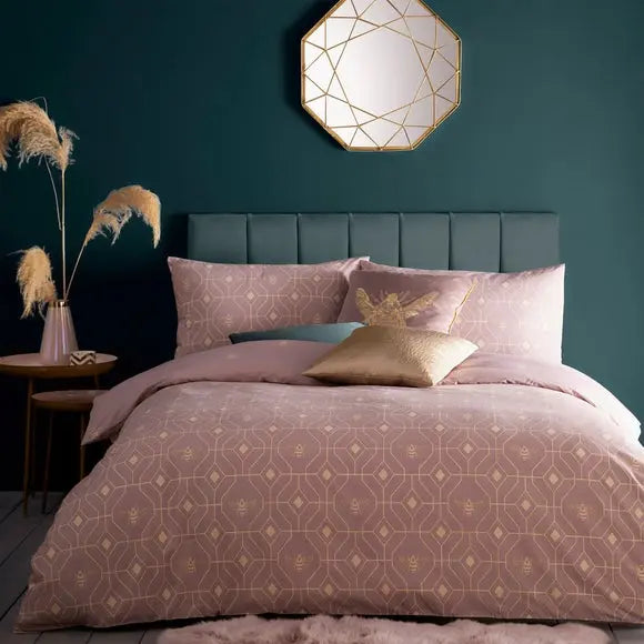 furn. Pink and Gold Bee Deco Reversible Duvet Cover and Pillowcase Set Dunelm