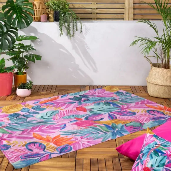 furn. Psyc Jungle Pink Washable Indoor Outdoor Rug Dunelm