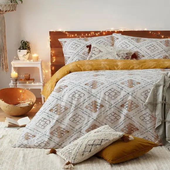 furn. Riva Atlas Ochre Brushed Cotton Duvet Cover and Pillowcase Set Dunelm