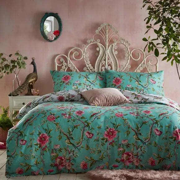 furn. Vintage Chinoiserie Jade Floral Reversible Duvet Cover and Pillowcase Set Dunelm