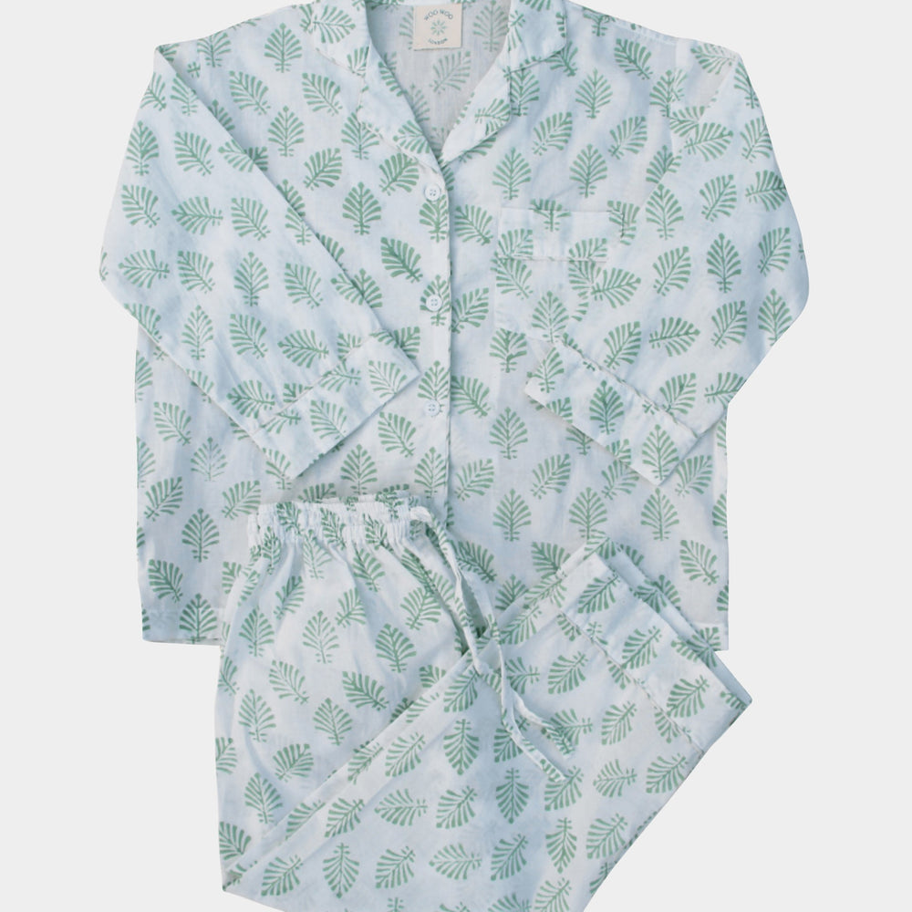 Sage Green Leaf Children's Pyjama Trouser Set WooWoo London