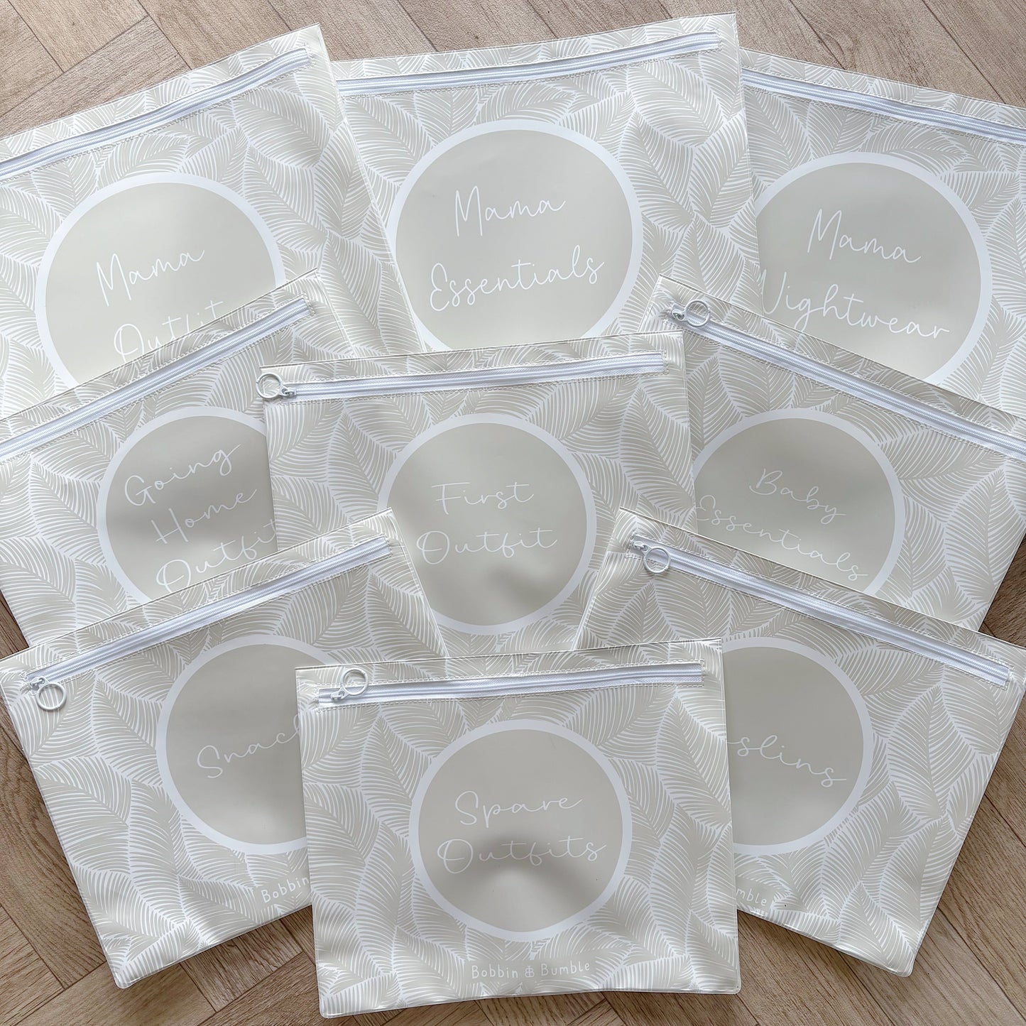 Hospital Bag Organiser Pouches - Unisex Beige Leaf Print Bobbin and Bumble