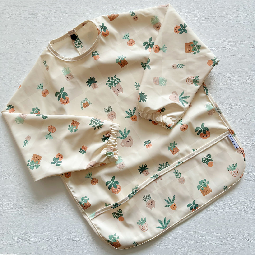 Long Sleeved Baby Bib - Pot Plants Bobbin and Bumble