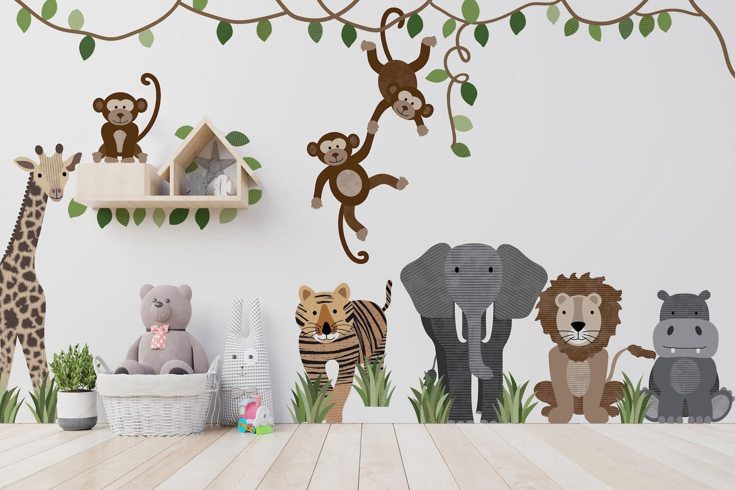 Large Safari Animals and Monkey Wall Decals, Jungle Animal Wall Stickers, Nursery Wall Decals, Repositionable Jungle Wall Decals ClickWalls