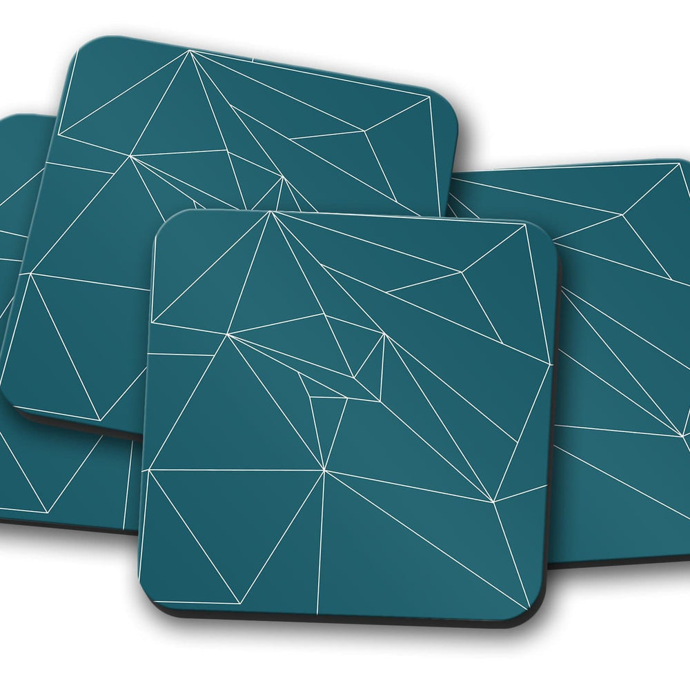 Teal Coasters with a White Line Geometric Design, Table Decor Drinks Mat Shadow bright