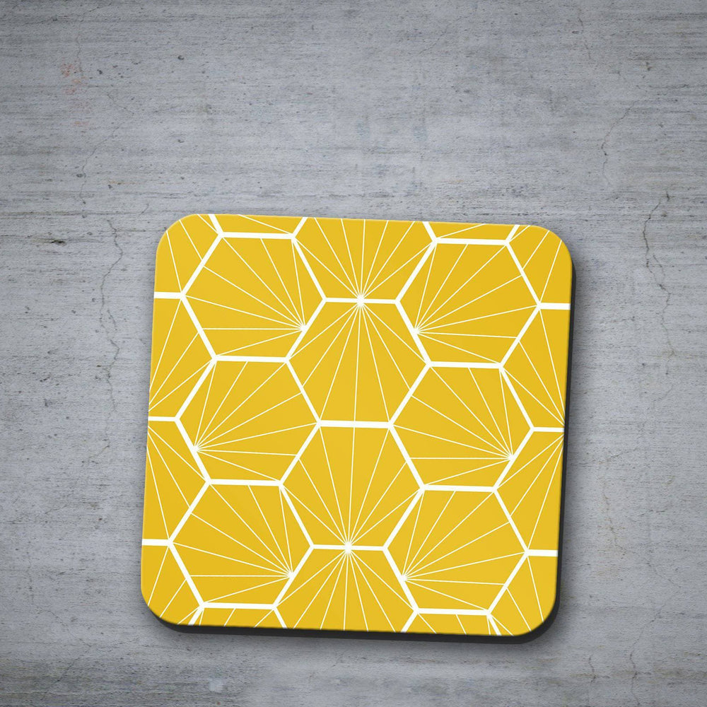 Yellow Coasters with a White Hexagon Design, Table Decor Drinks Mat Shadow bright