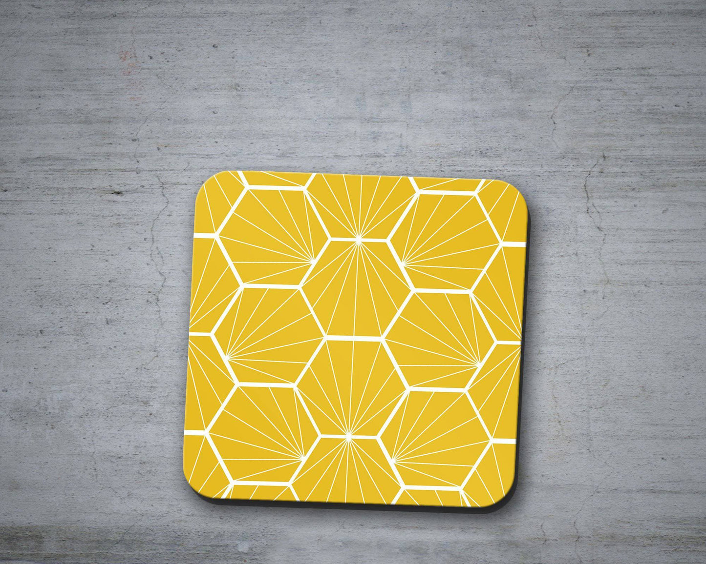 Yellow Coasters with a White Hexagon Design, Table Decor Drinks Mat Shadow bright