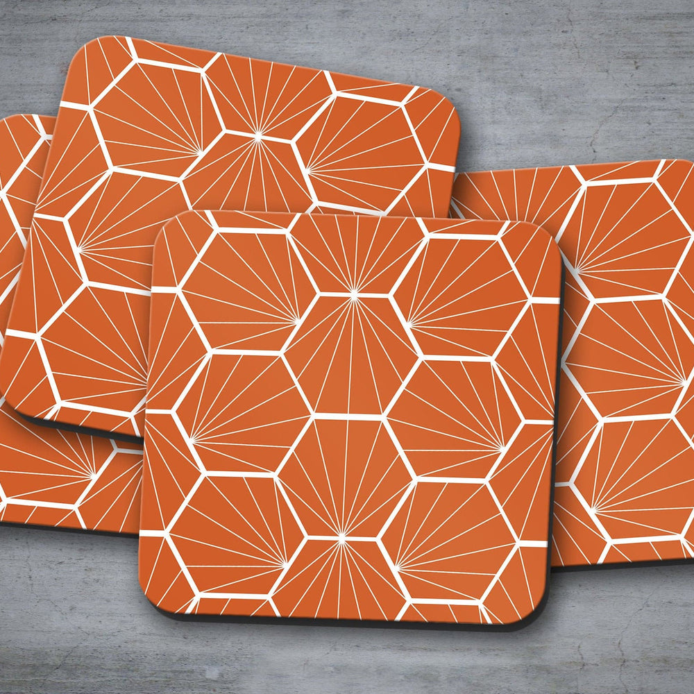 Orange Coasters with a White Hexagon Design, Table Decor Drinks Mat Shadow bright