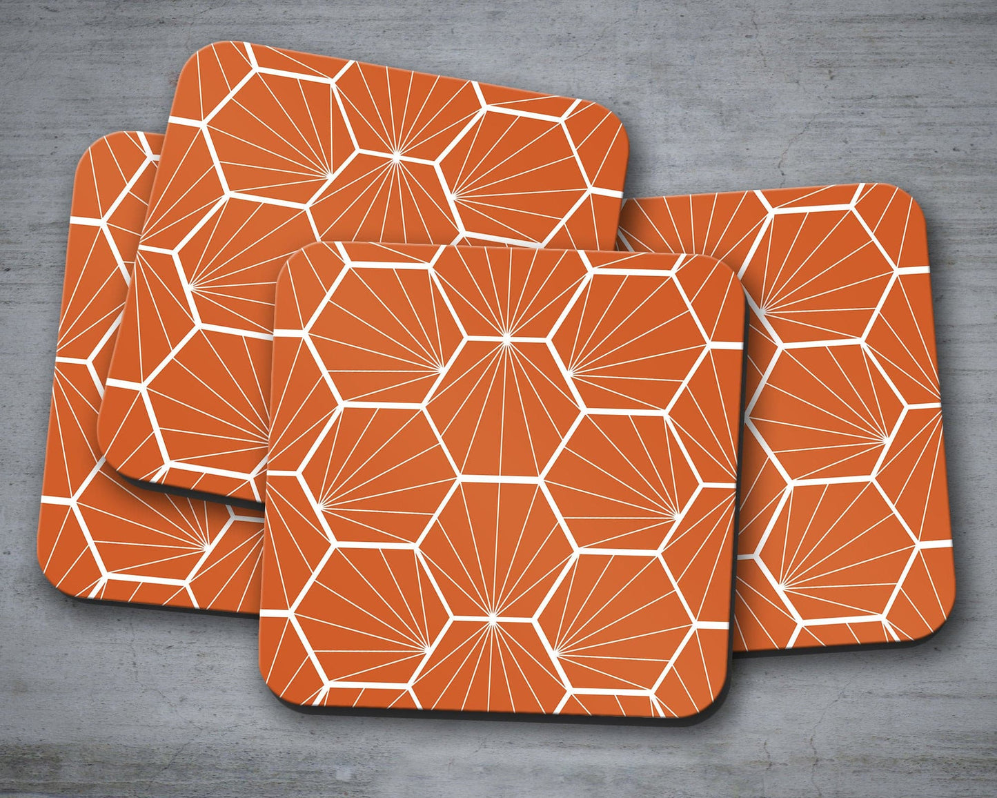 Orange Coasters with a White Hexagon Design, Table Decor Drinks Mat Shadow bright