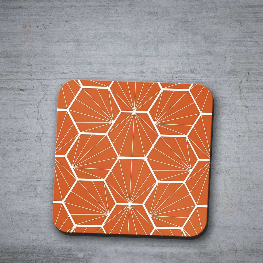Orange Coasters with a White Hexagon Design, Table Decor Drinks Mat Shadow bright