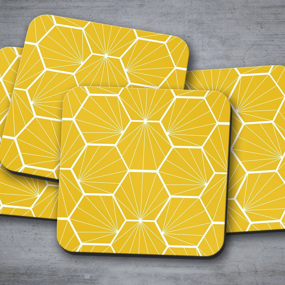 Yellow Coasters with a White Hexagon Design, Table Decor Drinks Mat Shadow bright