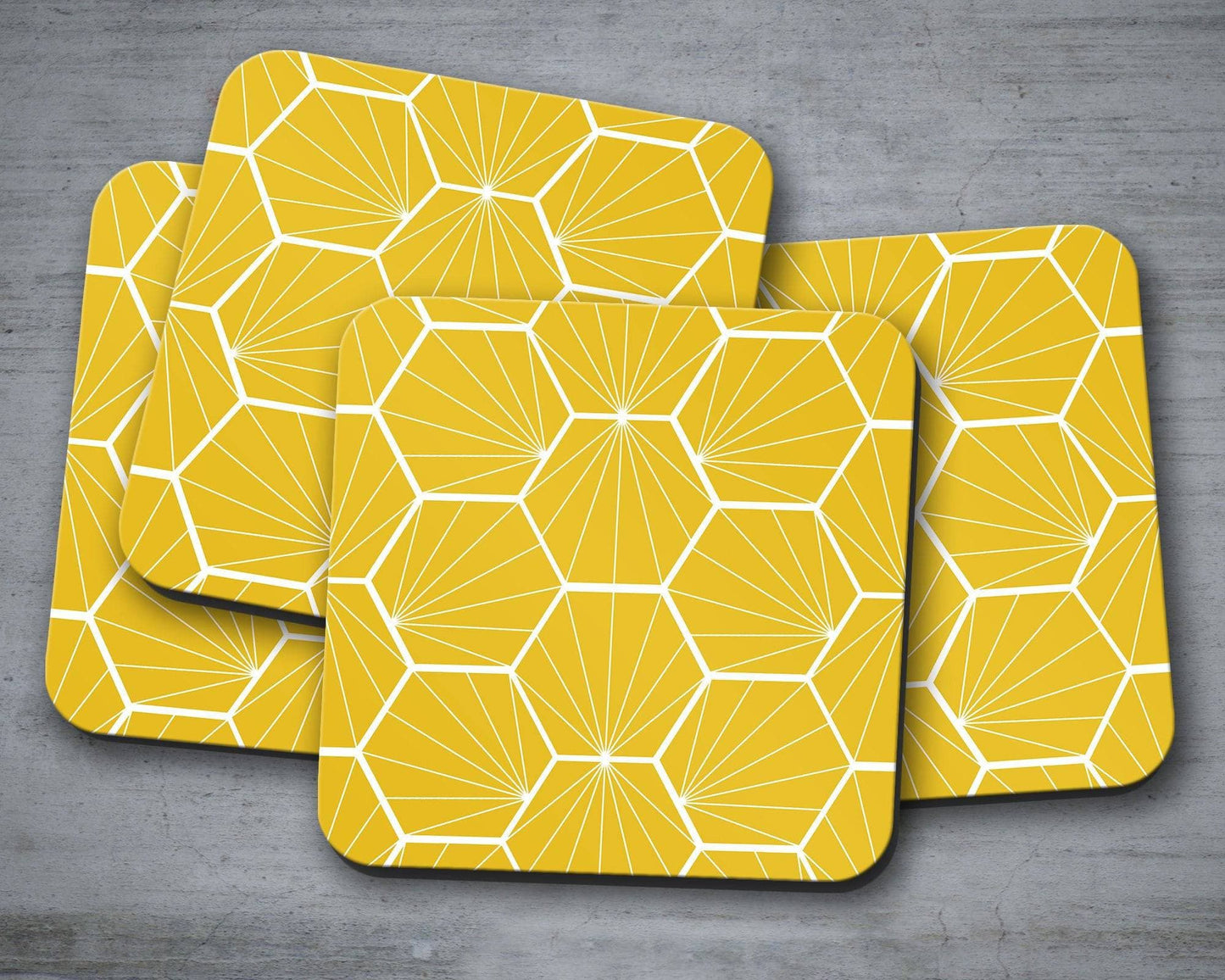 Yellow Coasters with a White Hexagon Design, Table Decor Drinks Mat Shadow bright