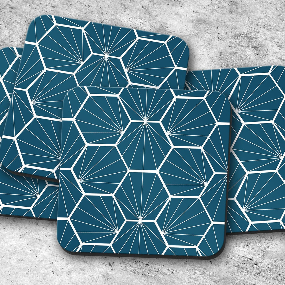 Peacock Blue Coasters with White Hexagon Design, Table Decor Drinks Mat Shadow bright