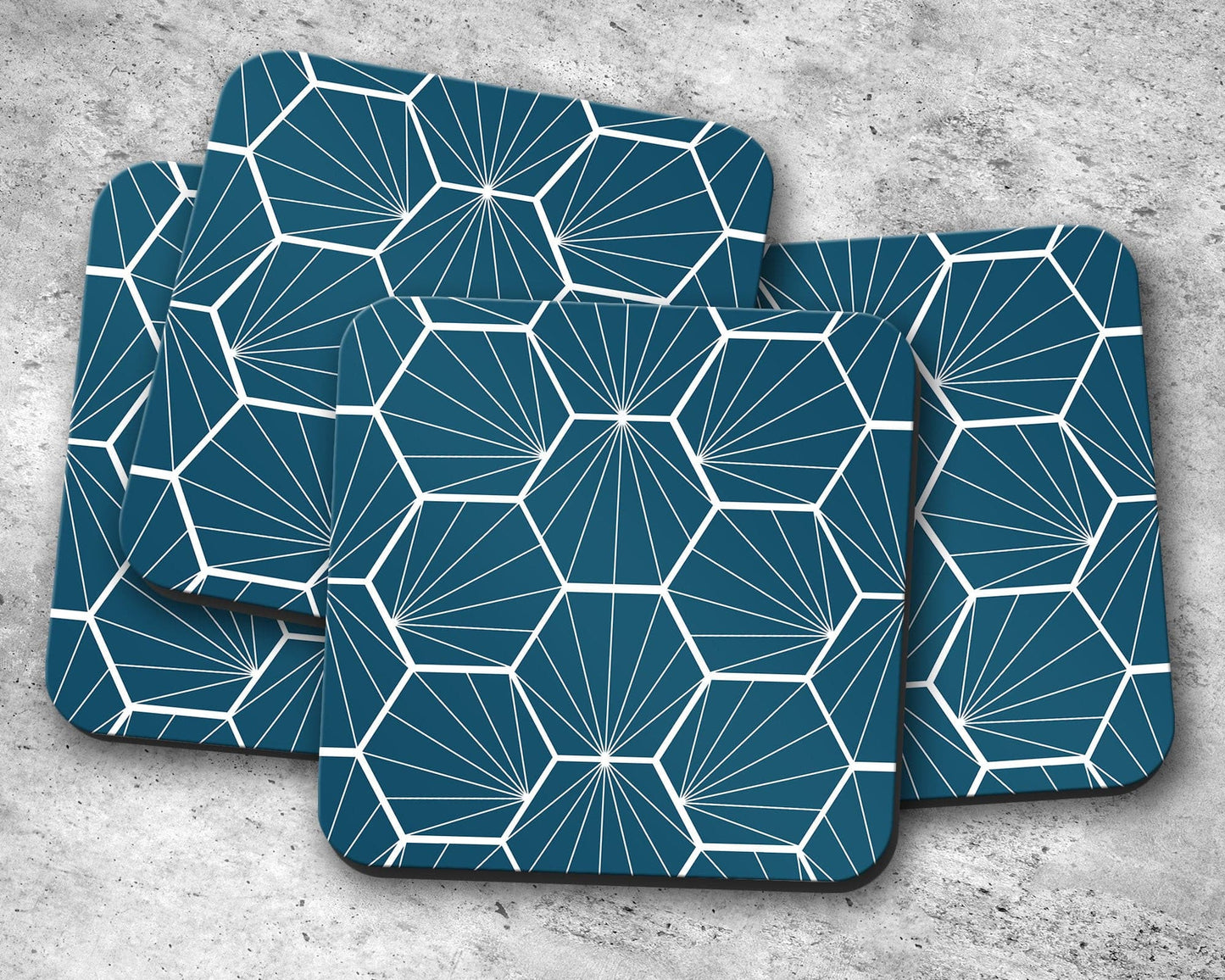 Peacock Blue Coasters with White Hexagon Design, Table Decor Drinks Mat Shadow bright
