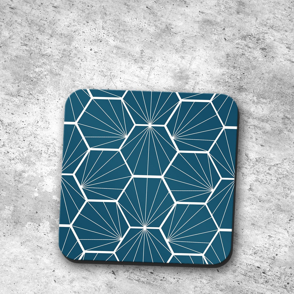 Peacock Blue Coasters with White Hexagon Design, Table Decor Drinks Mat Shadow bright