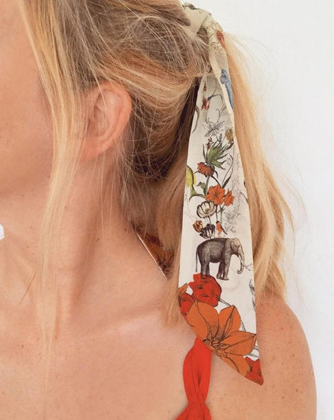 Cream 'Skinny' Silk scarf in the botanical  'Evolution' Print, delicate, lightweight Twilly style scarf accessory Alice Acreman Silks