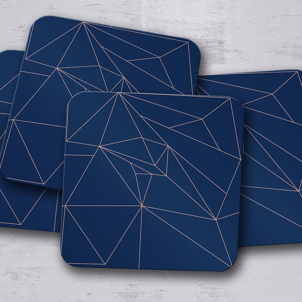 Navy Blue with Rose Gold Lines Geometric Design Coaster, Table Decor Drink Mat Shadow bright