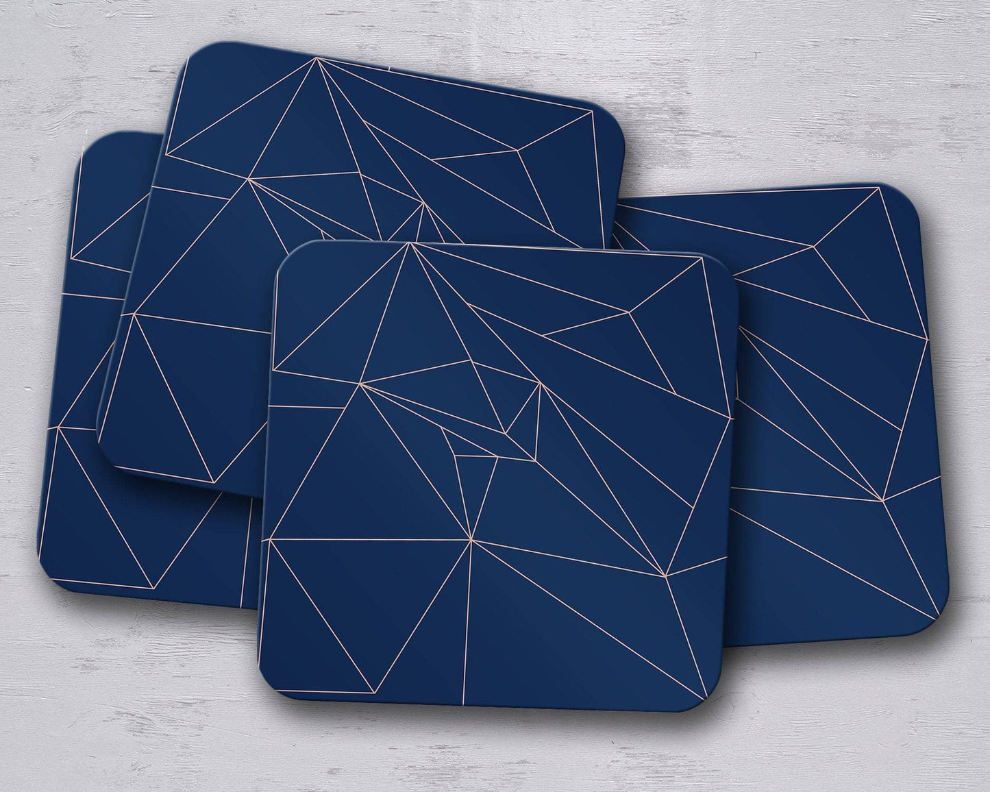 Navy Blue with Rose Gold Lines Geometric Design Coaster, Table Decor Drink Mat Shadow bright