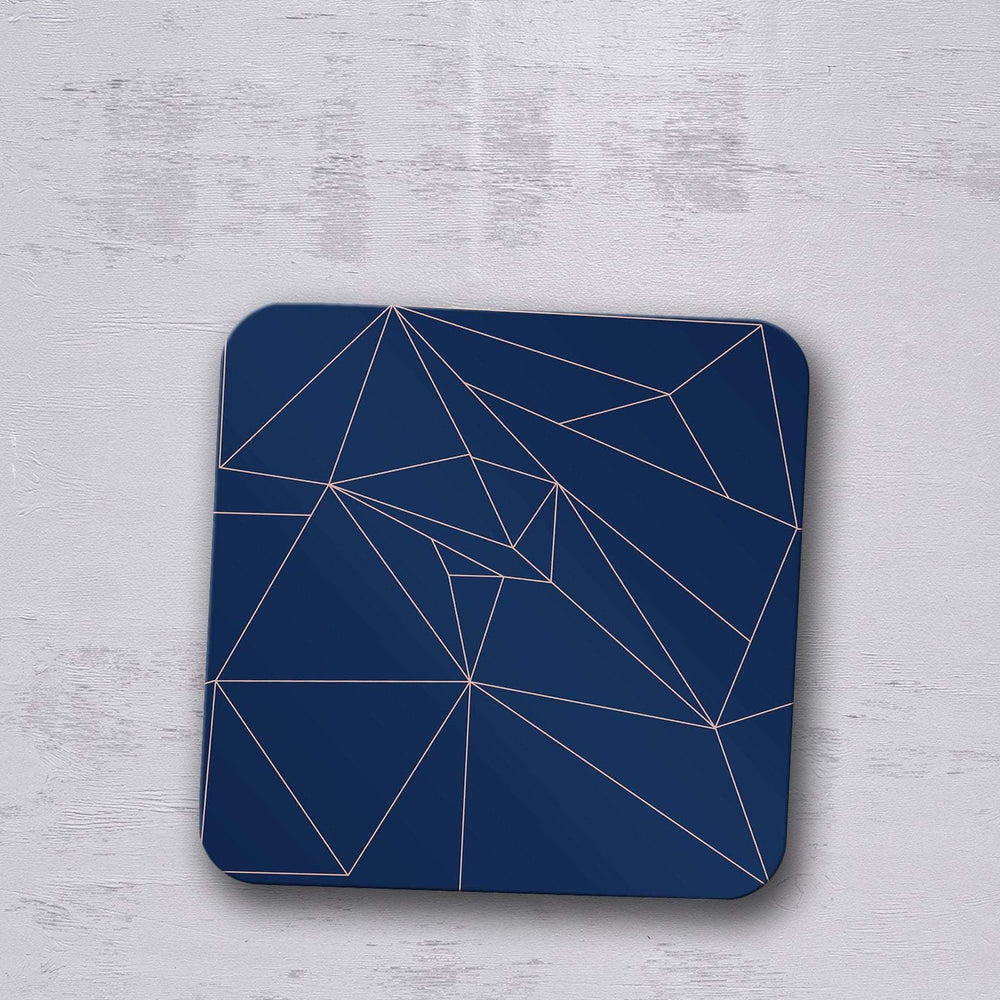 Navy Blue with Rose Gold Lines Geometric Design Coaster, Table Decor Drink Mat Shadow bright