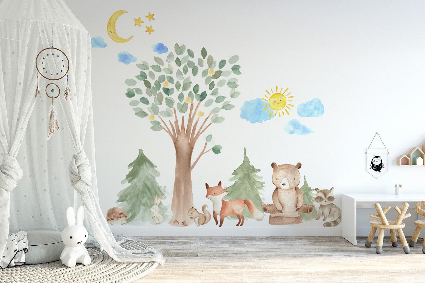 Woodland Watercolour Oak Pine Tree Decal with Animals - Bear, Fox, Raccoon, Rabbit, Squirrel, Porcupine ClickWalls