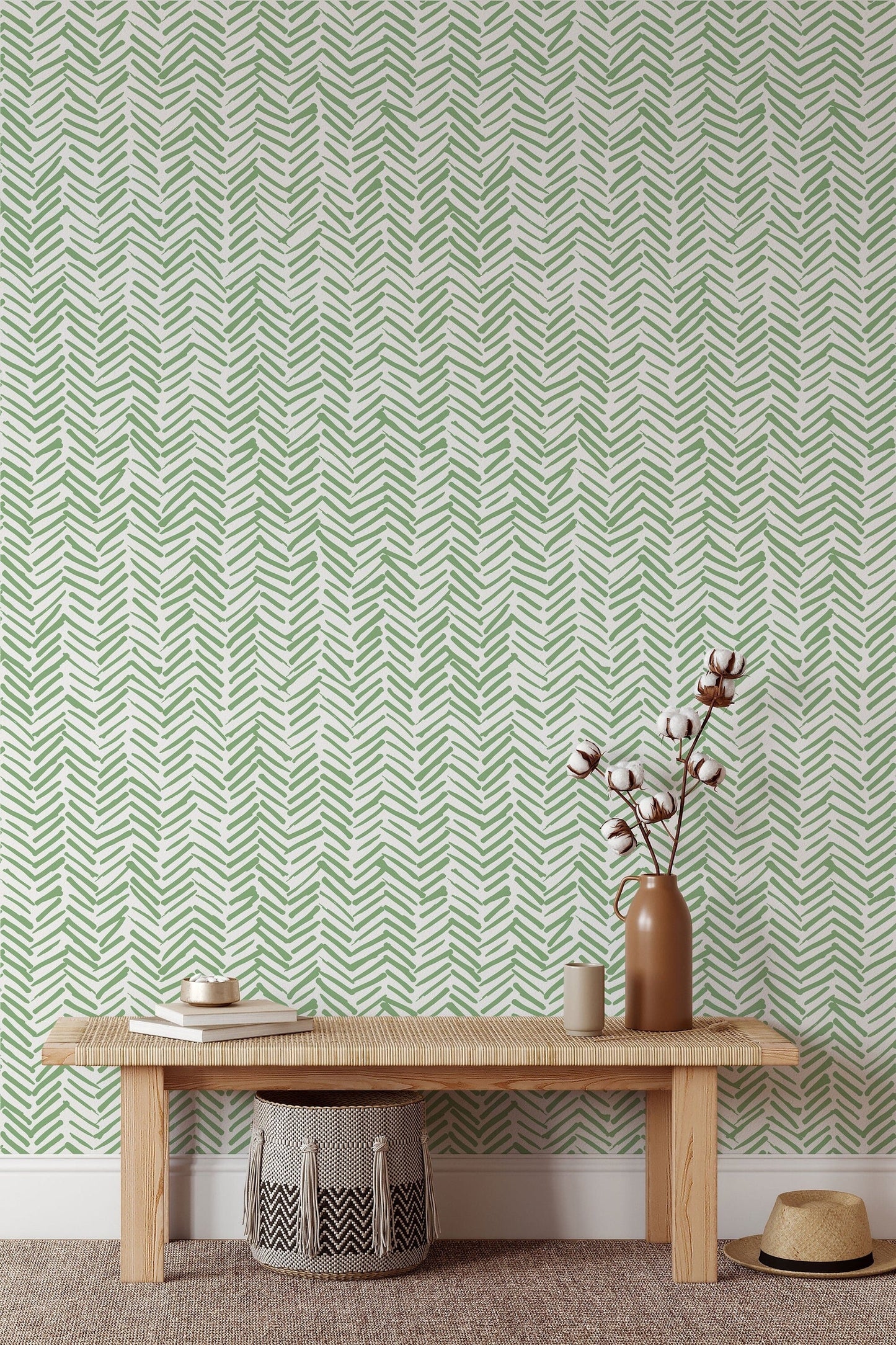 Green Chevron Wallpaper Peel and Stick | Self Adhesive Herringbone Wall Paper | Geometric Removable Wall Decor | Minimalistic Boho Tribal ClickWalls