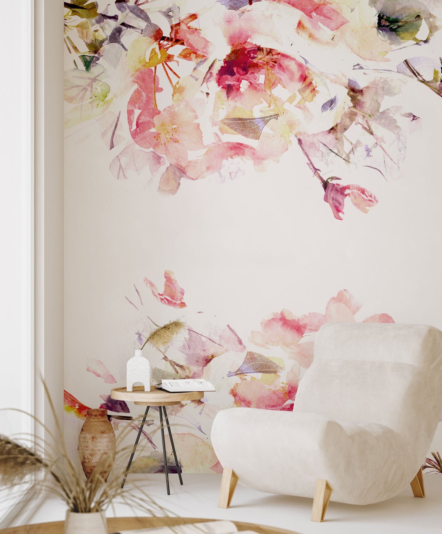 Spring Floral Removable Wallpaper | Watercolor Wall Mural | Peel and Stick Material | Flowers Art Print | Romantic Bedroom Decoration | Pink ClickWalls