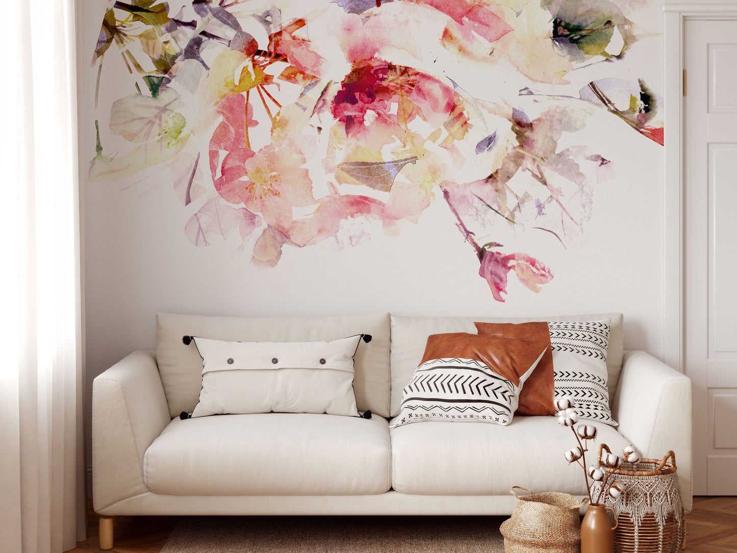 Spring Floral Removable Wallpaper | Watercolor Wall Mural | Peel and Stick Material | Flowers Art Print | Romantic Bedroom Decoration | Pink ClickWalls