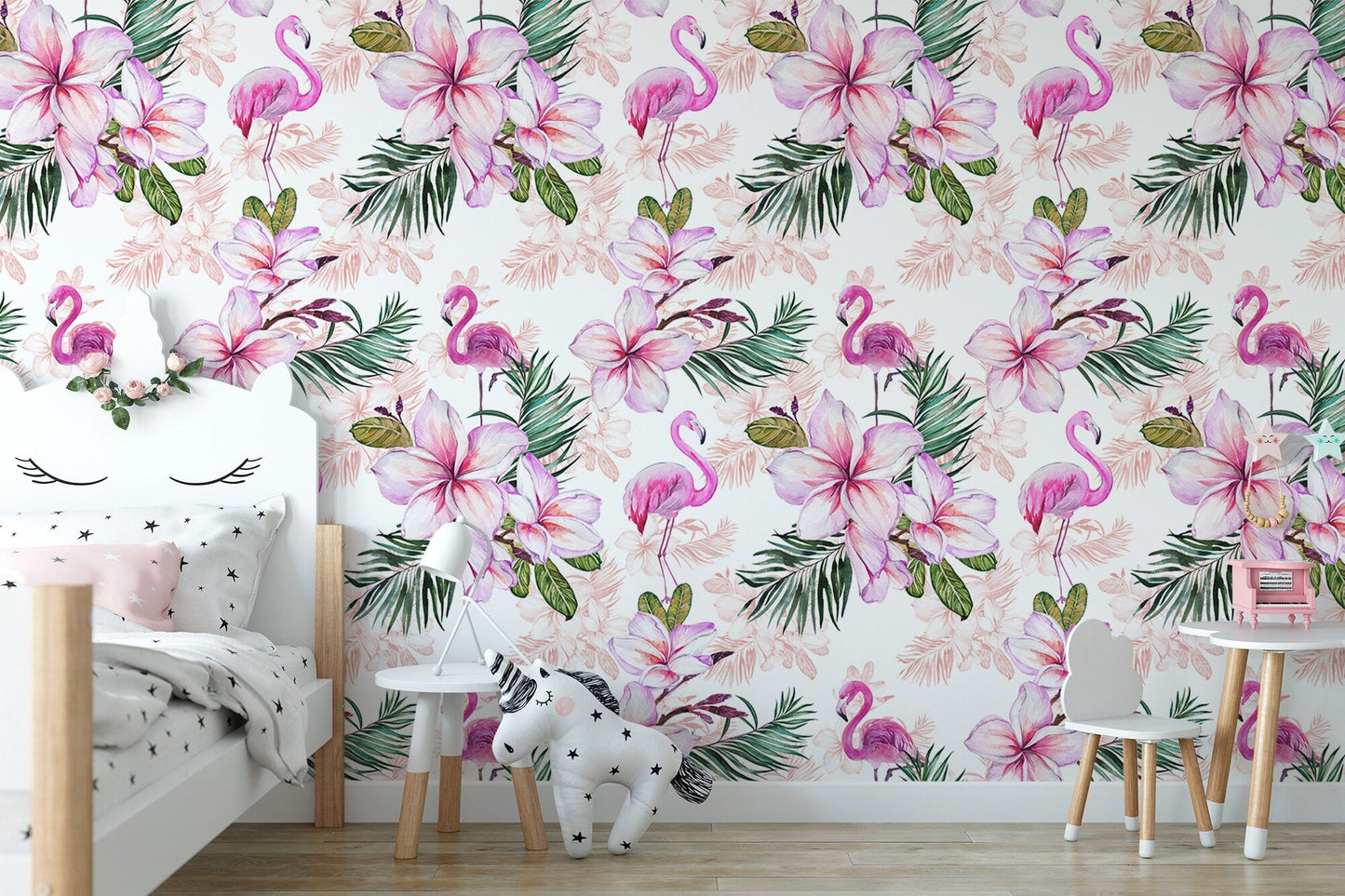 Pink Flamingo Floral Wallpaper | Pink Nursery Peel and Stick Removable Wallpaper | Baby Girl Blushing Pink Flamingo & Floral Décor ClickWalls