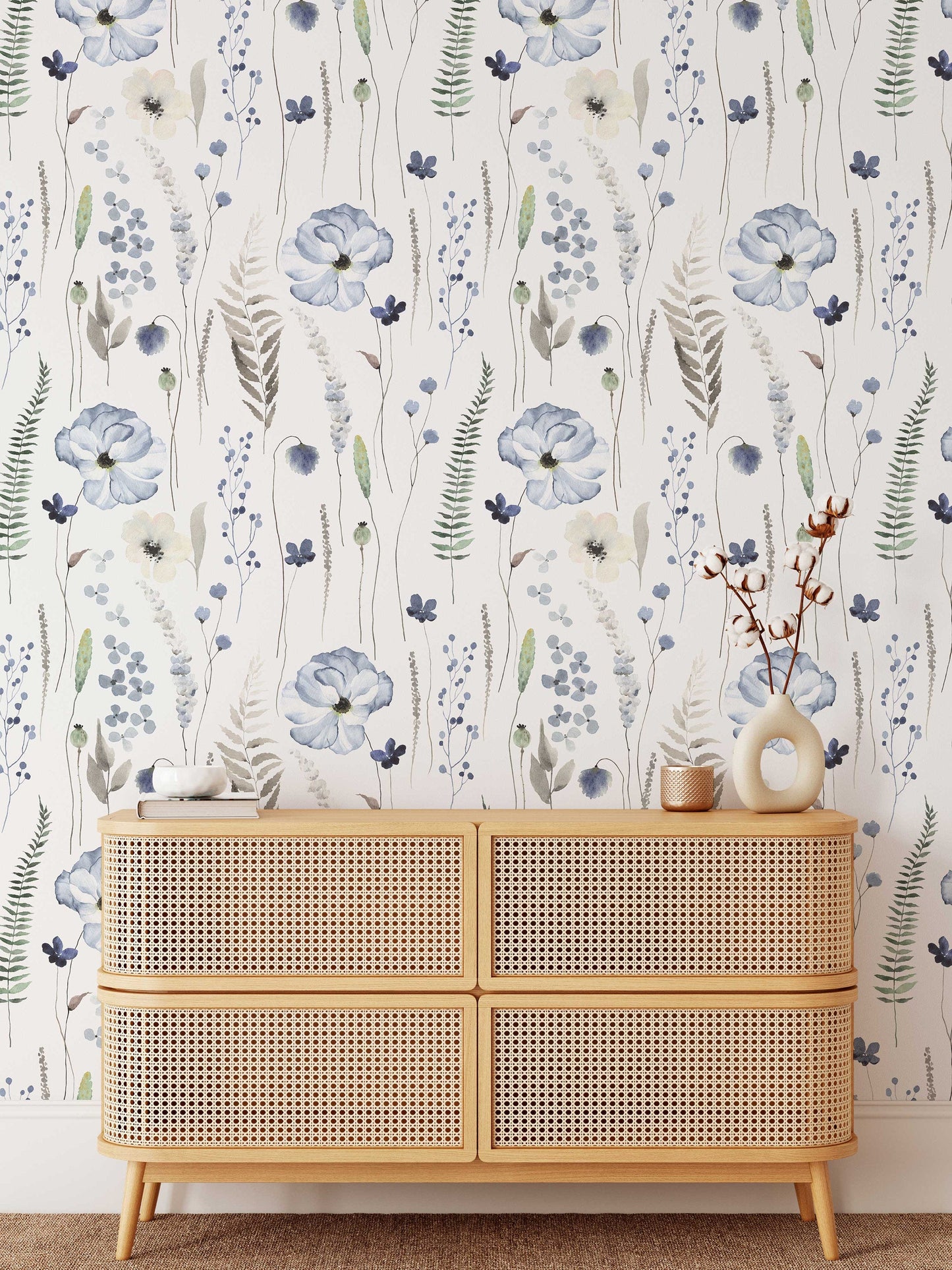 Blue Floral | Whispering Steal Blue Floral Wallpaper | Removable Peel & Stick Self-Adhesive Wallpaper ClickWalls
