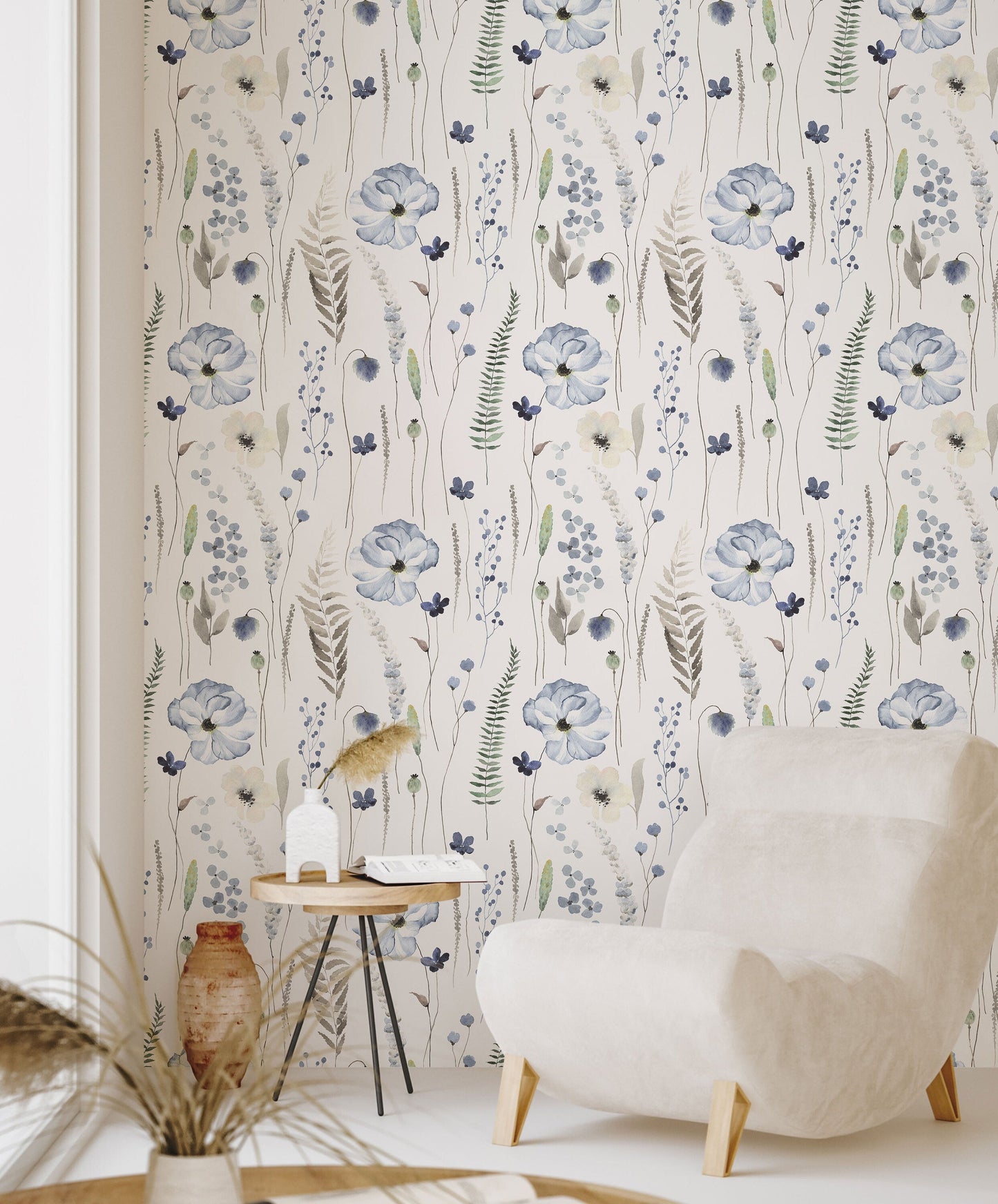 Blue Floral | Whispering Steal Blue Floral Wallpaper | Removable Peel & Stick Self-Adhesive Wallpaper ClickWalls