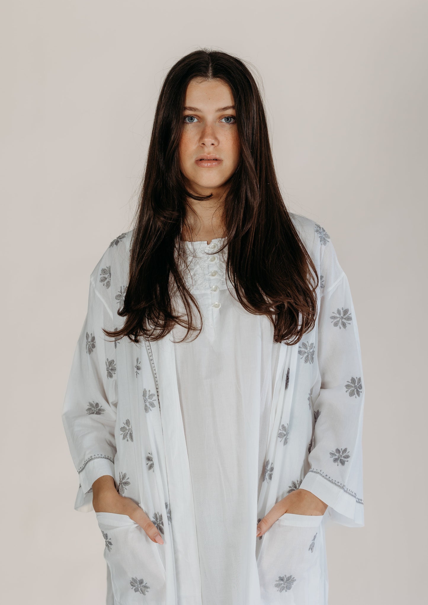 Nyra Grey Embroidered Robe Naree Clothing