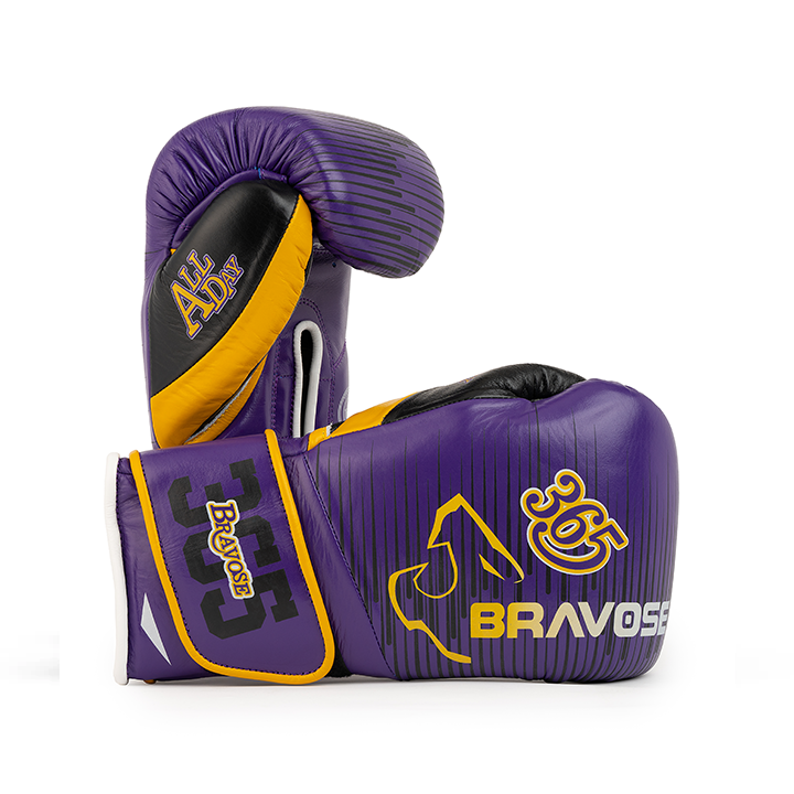 Bravose Limited Edition 16oz Velcro Boxing Gloves – “ALL DAY, EVERY DAY” Purple & Yellow Bravose