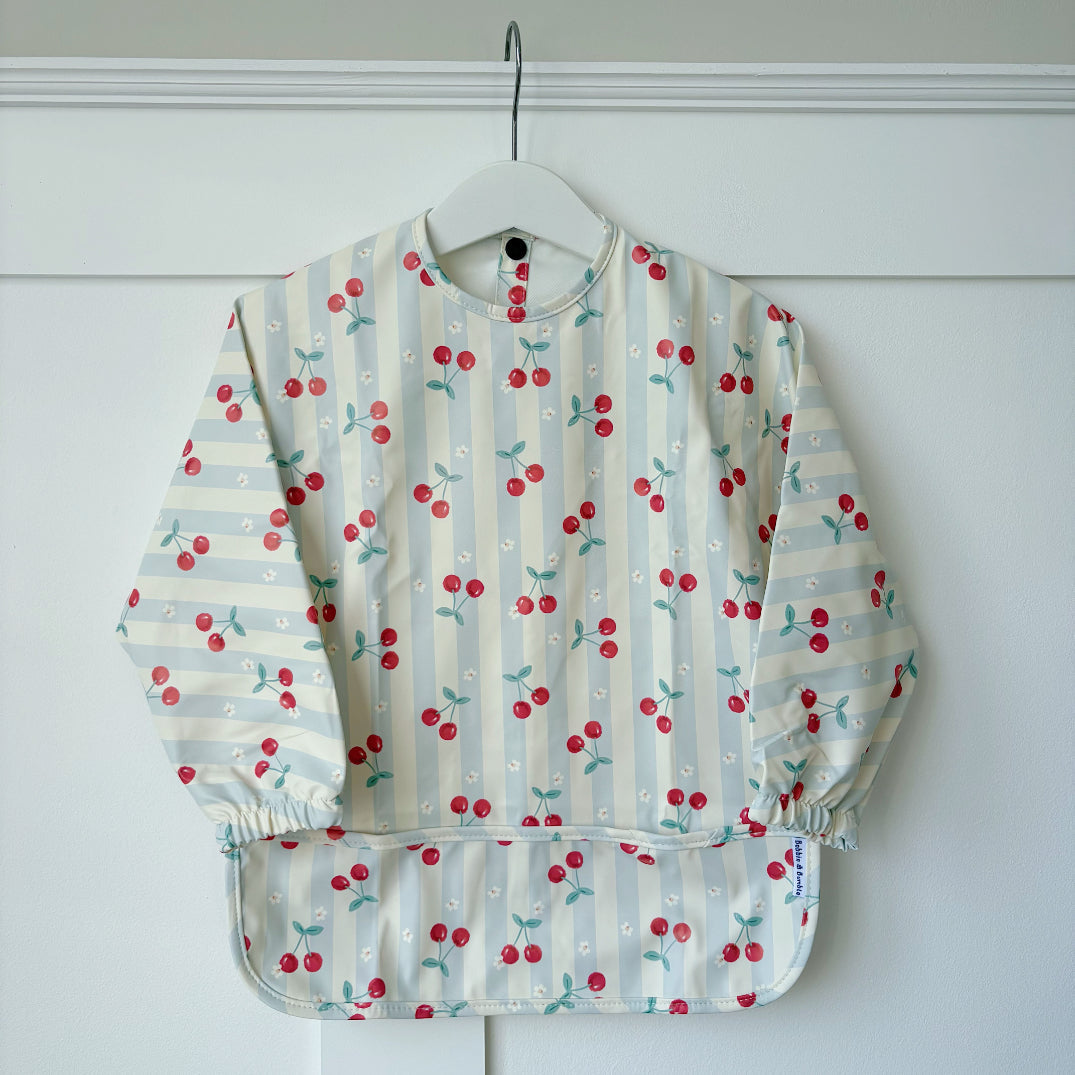 Long Sleeved Baby Bib - Cherry Stripe Bobbin and Bumble