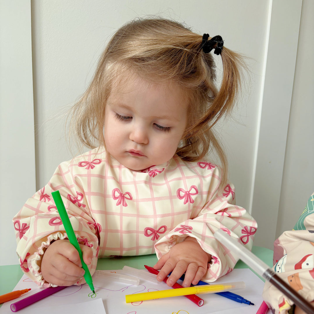 Long Sleeved Baby Bib - Pink Bow Bobbin and Bumble
