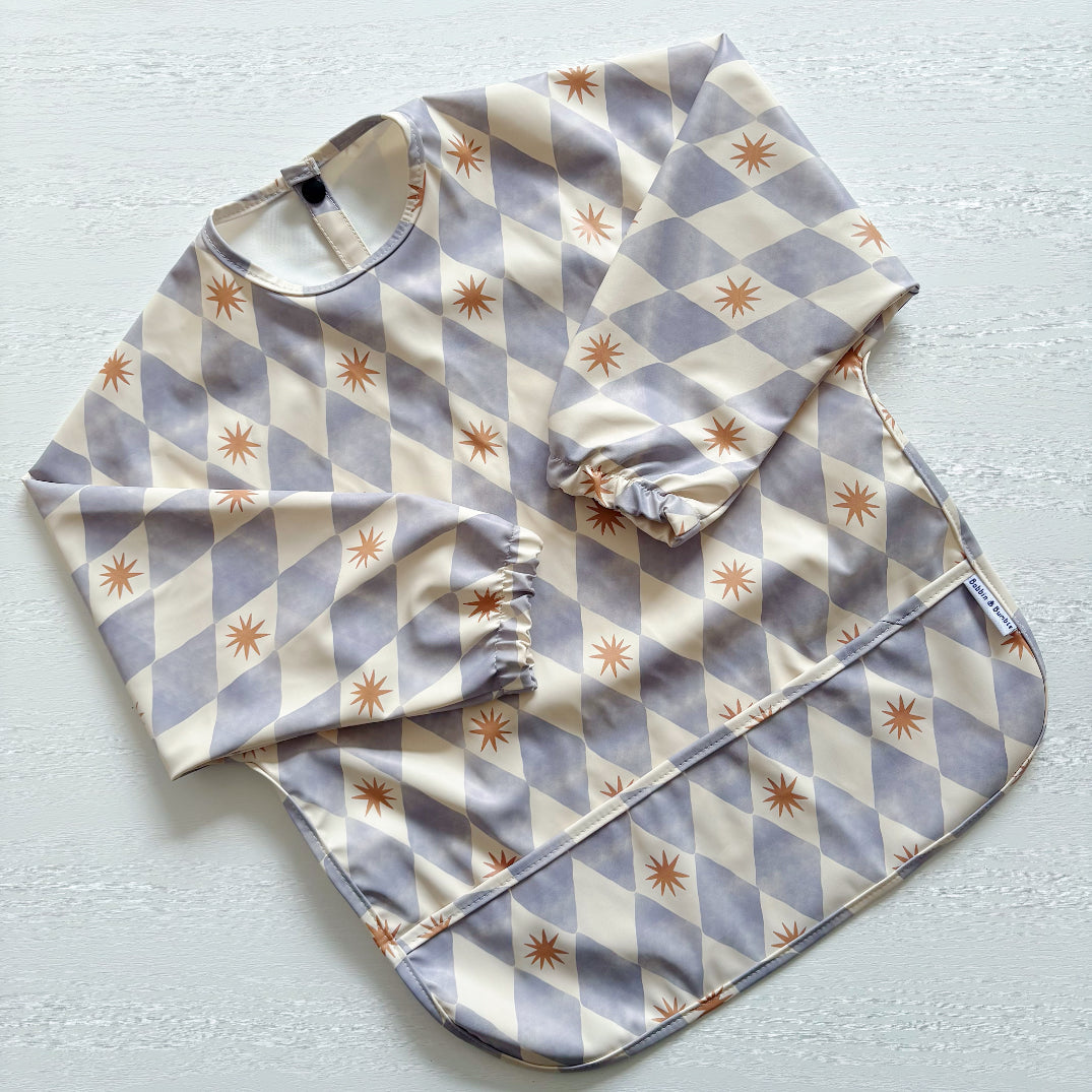 Long Sleeved Baby Bib - Blue Harlequin Bobbin and Bumble