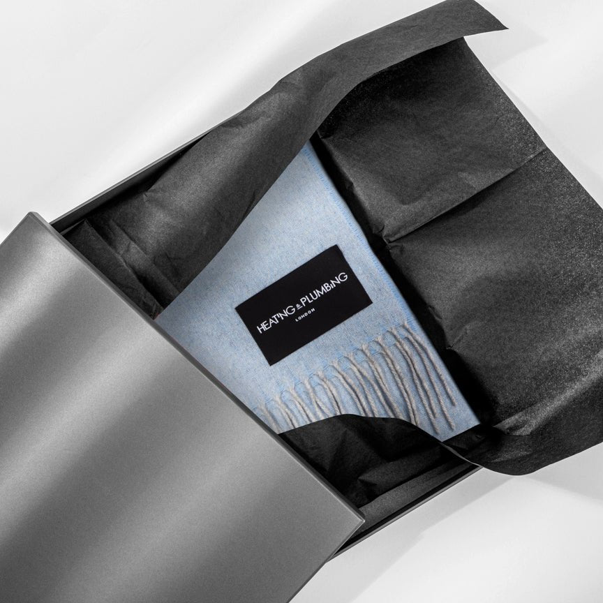 Sky Blue & Grey Love Stories - 100% Cashmere Scarf Heating & Plumbing London