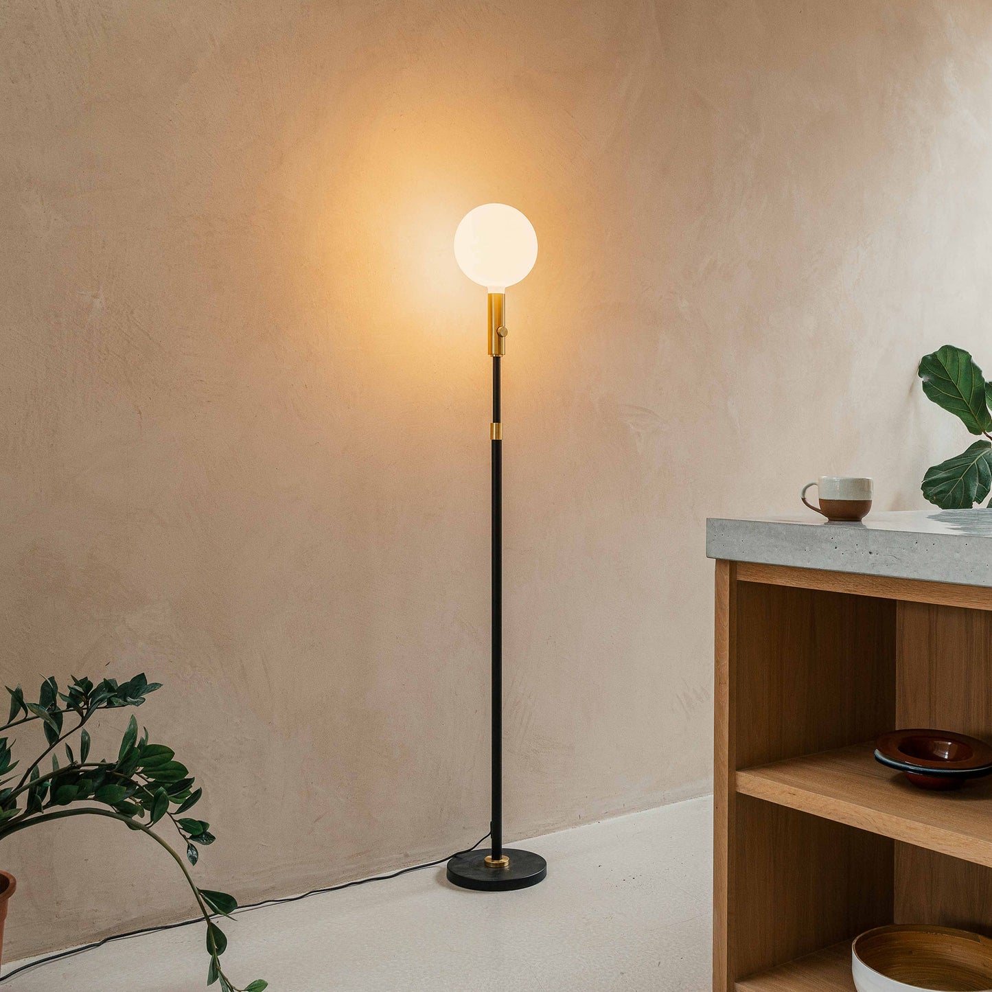 Poise Adjustable Floor Lamp in Brass + Sphere V Tala