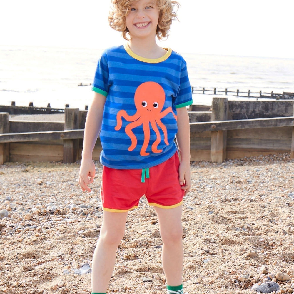 Organic Octopus Applique Dark Blue Striped Short-Sleeved T-Shirt Toby Tiger