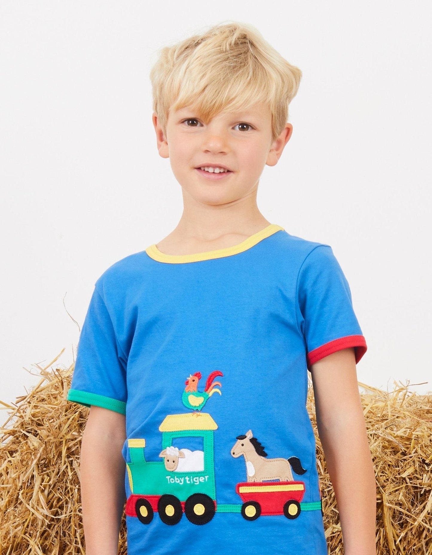 Organic Animal Train Applique Short-Sleeved T-Shirt Toby Tiger