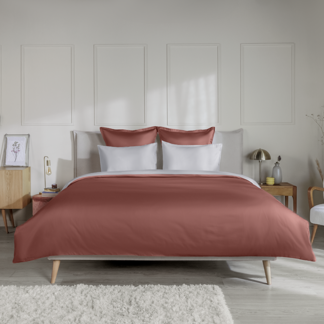 Emma Silken Sateen Duvet Cover 300 Thread Count - Terracotta & Light Grey by Emma