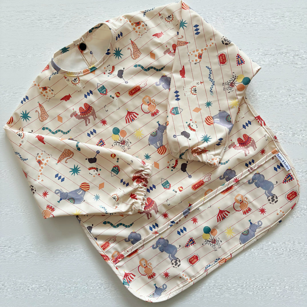 Long Sleeved Baby Bib - Vintage Circus Bobbin and Bumble