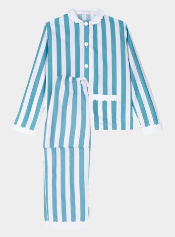 100% Cotton Poplin Blue & White Stripe Long Pyjamas With Side Pocket, White Collar and Cuffs Ric Rac Trim