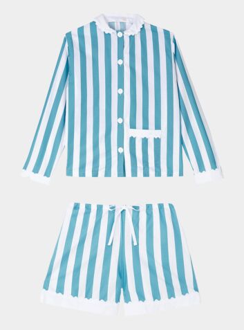 100% Cotton Poplin Blue & White Stripe Short Pyjamas With Side Pocket, White Collar and Cuffs Ric Rac Trim