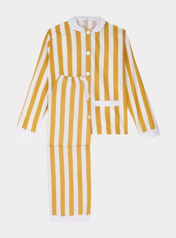 100% Cotton Poplin Ochre  & White Stripe Long Pyjamas With Side Pocket, White Collar and Cuffs Ric Rac Trim